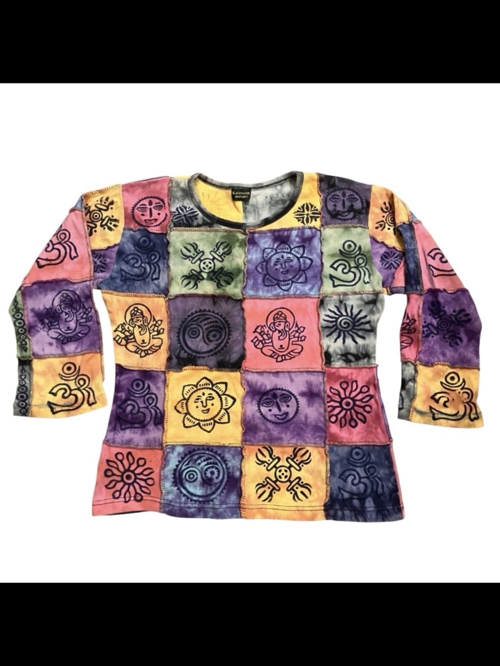 Kathmandu Imports Patchwork Long Sleeve Shirt Hippie Symbols Women's Small?